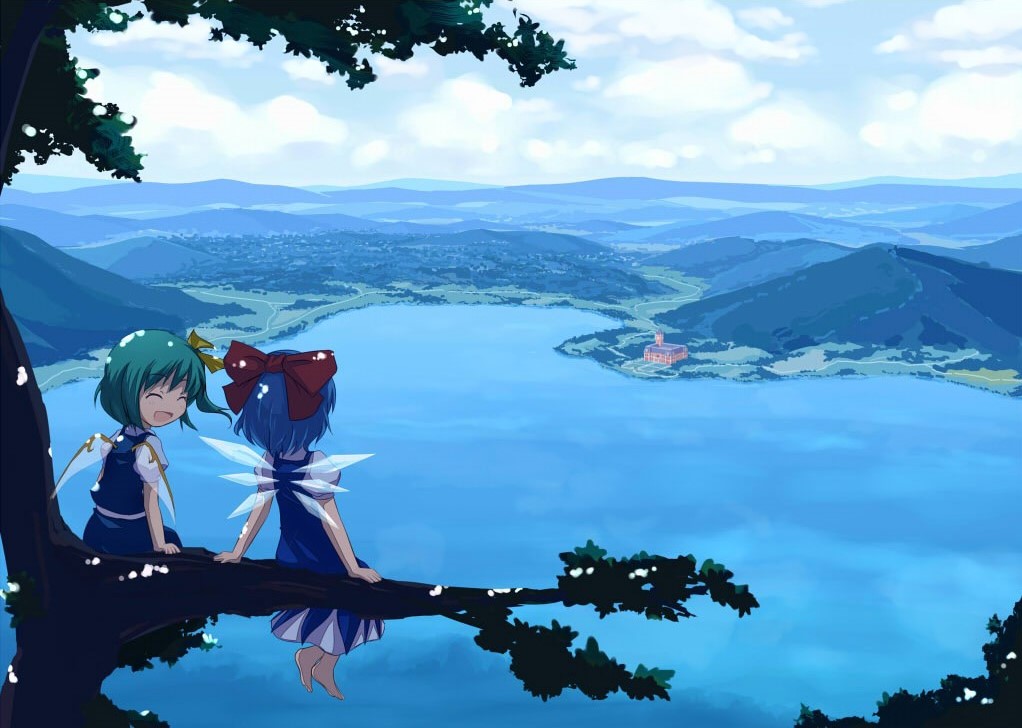 Fanart représentant un paysage de Gensōkyō : le lac brumeux, après duquel se dresse le manoir Scarlet