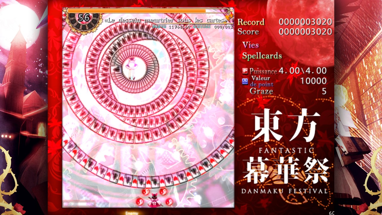Capture d’écran du jeu lors d’une spellcard de Sakuya en Spellcard Challenge